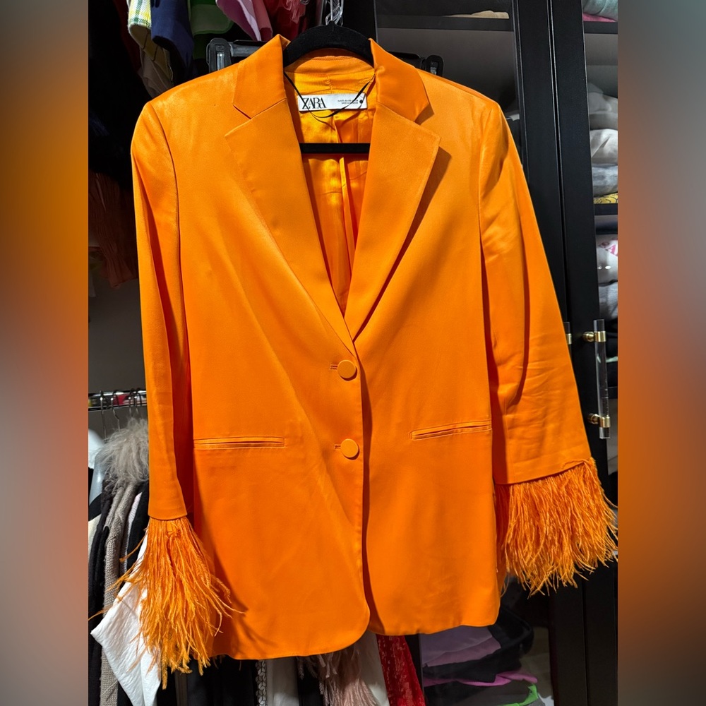Zara orange satin blazer with ostrich feathers